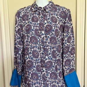 J. Crew Women's Fit Drapey Cupro Blend Floral Crown Shirt - Blue and White Sz 6